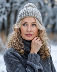 Wall Mural - Winter portrait mature Caucasian woman thoughtful curly blond hair knitted hat frosty trees background