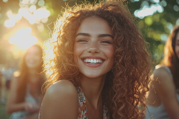 Wall Mural - Woman with curly hair smiling while looking directly at the camera in a bright and cheerful setting with natural lighting