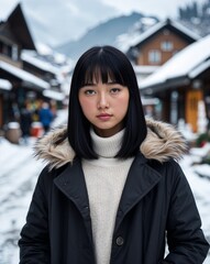 Wall Mural - Winter portrait teen Asian girl content straight black hair winter coat snowy village background