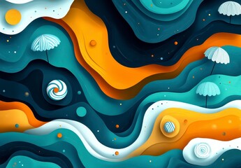 Wall Mural - Abstract landscape illustration featuring swirling, layered shapes in teal, orange, and white. Small white umbrella like objects dot the scene. The