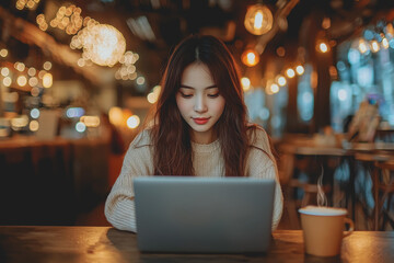 Wall Mural - Woman sitting at a table working on a laptop in a modern office environment with a cup of coffee and notebooks in the background