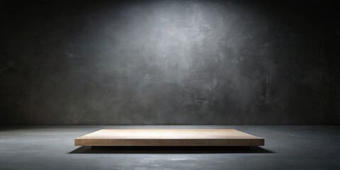 Poster - Empty wooden platform on a dark gray textured background in a minimalist studio setting