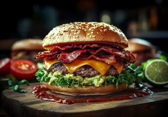 Sticker - Juicy beef burger topped with melted cheddar cheese, crispy bacon, fresh avocado, and lettuce, served on a sesame seed bun. The burger sits on a