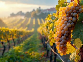 Wall Mural - Picturesque Vineyard Landscape with Mist and Soft Golden Sunrise or Sunset Light