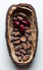 Poster - Overhead close up shot of cocoa beans inside a dried cocoa pod against a white background. The beans are brown and the few visible pods are a deep