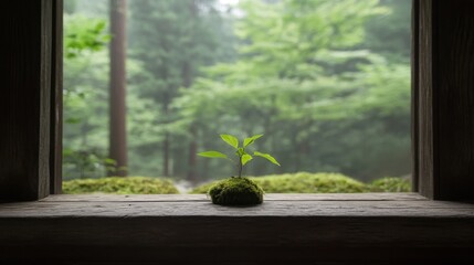 Wall Mural - Sapling sprouting in mossy windowsill, forest backdrop; nature growth concept