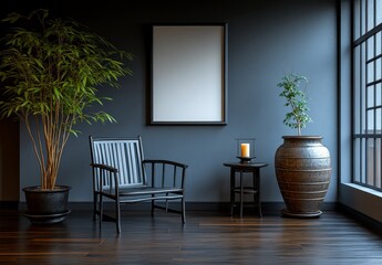 Sticker - Dark moody interior scene with a black framed empty canvas, wooden chair, potted plants, and dark decor. Natural light streams in from a large