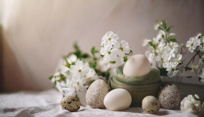 Wall Mural - Happy Easter. Congratulatory easter background. Easter eggs and flowers. Background with copy space