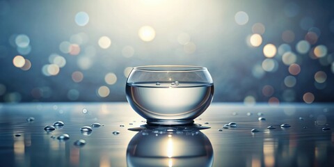 Aufkleber - A glass bowl half-filled with pure water sits on a reflective surface, illuminated by soft bokeh lights.