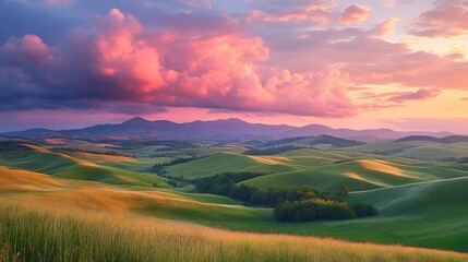 Sticker - Serene Sunset Paints Rolling Hills Vibrant Hues. AI Generated