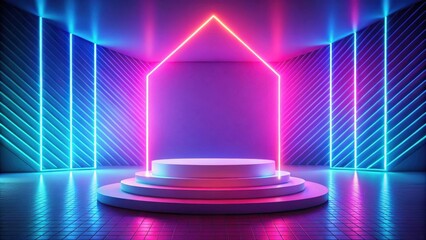Aufkleber - Abstract vibrant neon stage with glowing lines and platform