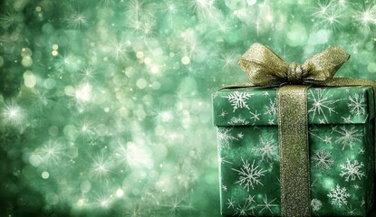 Canvas Print - A green gift box with a gold ribbon and snowflakes sits against a bokeh background of green and white lights