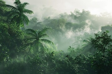 Wall Mural - Green jungle with white fog