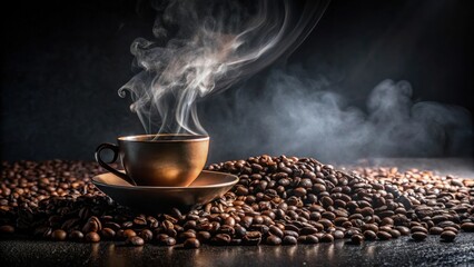 Sticker - Aromatic coffee cup with steam rising, nestled amongst a generous pile of roasted coffee beans