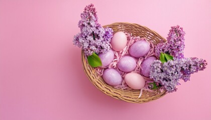 Wall Mural - Easter eggs in a basket with lilac flowers on a pink background 