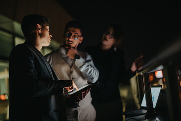 Wall Mural - Three business people engaged in an intense discussion during a night meeting outdoors. The scene is illuminated by a laptop, fostering a serious and focused atmosphere among the group.