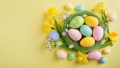 Wall Mural - Happy Easter Greeting with Colorful Decorated Eggs and Spring Flowers