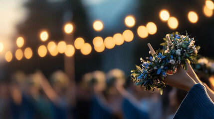 An artistic portrayal of the vibrant Midsummer Festival in Sweden, with maypoles and flower crowns