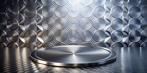 Fototapete - Sleek metallic platform on a textured circular and geometric patterned backdrop