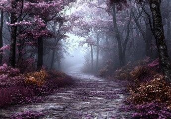 Poster - Mysterious path through a purple and orange autumnal forest, soft light filters through the misty trees creating a magical atmosphere. Pixel art