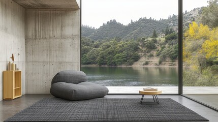 Sticker - Modern minimalist living room with large window overlooking a serene lake and mountain landscape. Dark gray beanbag chair and patterned rug. Natural