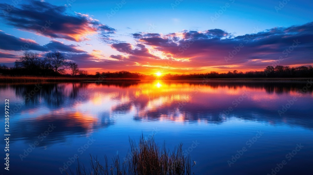 Lake reflections nature concept. Stunning sunset reflection over the calm water, highlighting vibrant colors and peace.