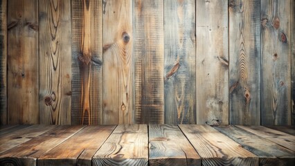 Wall Mural - Rustic Wooden Background with Weathered Planks and Empty Tabletop Ideal for Product Display or Text Overlay