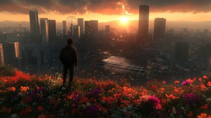 Canvas Print - A person stands on a hill overlooking a sprawling cityscape at sunset. Vibrant flowers bloom in the foreground, contrasting with the warm city lights