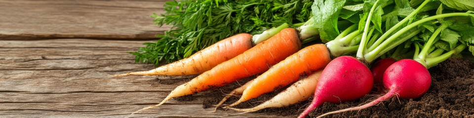 Fresh red radish and orange carrot with green leaves on rustic wooden table background, natural organic vegetables.