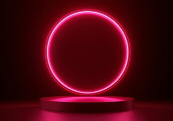 Wall Mural - A pink neon circle light illuminates a minimalist stage against a dark background. The vibrant glow creates a futuristic and atmospheric scene