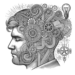 Wall Mural - man profile with gears, tools, lightbulb symbolizing innovation and creativity sketch engraving generative ai fictional character raster illustration. Scratch board imitation. Black and white image.