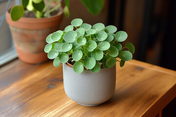 Wall Mural - A small plant is sitting in a grey pot on a wooden table