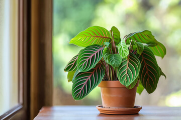 Wall Mural - A plant in a pot sits on a table by a window