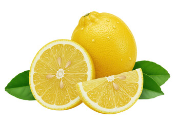 Wall Mural - Whole fresh lemon and a half lemon with juicy pulp, accompanied by vibrant green leaves, isolated on white background