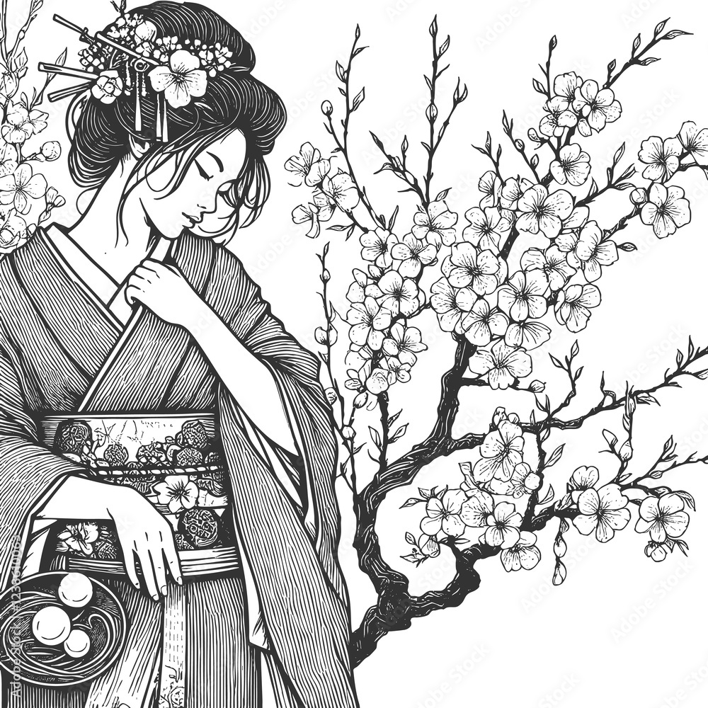 geisha in traditional attire, surrounded by sakura cherry blossoms in a ...
