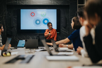 Wall Mural - A multigenerational, multiracial team collaborating on project solutions. They analyze and strategize in a contemporary office setting, emphasizing teamwork and innovation to drive business growth.