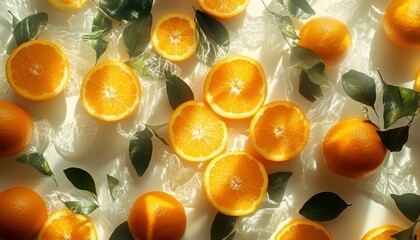 Wall Mural - Top view of sliced oranges and leaves arranged on a white background, illuminated by sunlight creating a bright and fresh atmosphere