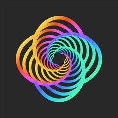 Vibrant abstract geometric spiral design with rainbow gradient colors, hypnotic and futuristic fractal rounded lines shape, cyberpunk dynamic overlapping vortex shapes.