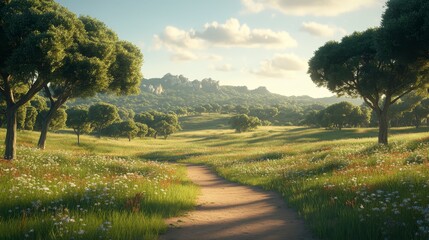 Poster - A dirt path winds through a vibrant field of wildflowers, leading toward a sunlit hillside with lush green trees and distant mountains under a partly