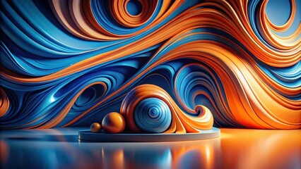 Leinwandbilder - Abstract Swirling Blue and Orange Forms with Spherical Elements on a Platform
