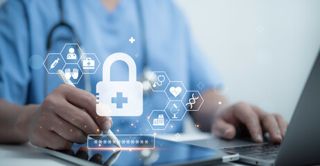 healthcare security concept with digital lock, symbolizing data privacy and protection in medical te