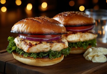 Sticker - Two grilled chicken sandwiches on toasted buns with lettuce, tomato, and red onion, served on a wooden board with blurred background