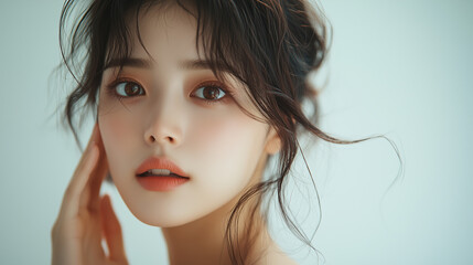 Wall Mural - Captivating portrait of a young Korean woman with soft makeup and tousled hair