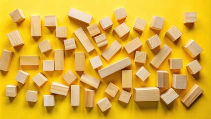 Aufkleber - Scattered Wooden Blocks on Yellow Background A Flat Lay of Simple Geometric Shapes for Design and Construction Concepts