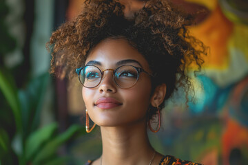 Wall Mural - Woman with glasses smiling in front of a vibrant and colorful background with abstract patterns and shapes capturing a joyful and creative atmosphere