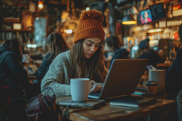 Woman sitting at a table using a laptop with a coffee cup and notepad in a modern workspace environment