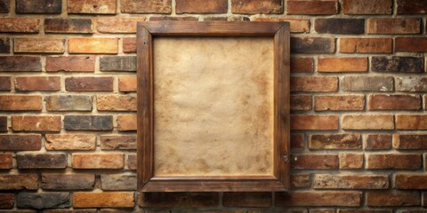 Poster - Rustic Wooden Frame with Aged Paper on Brick Wall Background