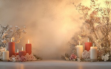 Wall Mural - Festive display of scented candles, dried flowers, and delicate lace patterns, with a blank area for a sentimental message for Valentines Day, 8 March, and International Womens Day