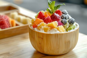 Sticker - Fresh fruit salad with natural yogurt in deep bamboo cup.