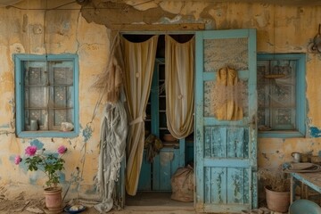 Wall Mural - A weathered, rustic doorway with blue accents, revealing a glimpse of an inviting yet aged interior, framed by delicate curtains and surrounded by potted flowers.